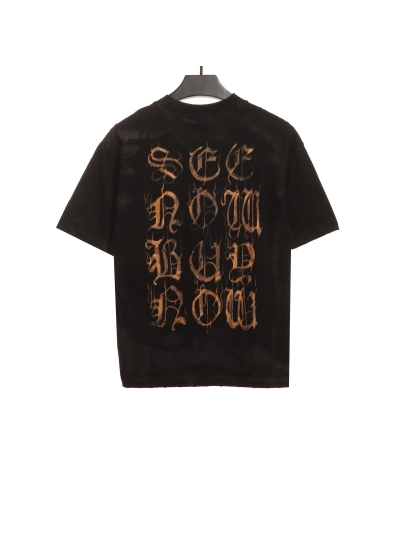 Balenciaga Distressed Mud-dyed Sanskrit Printed T-Shirts Black 02
