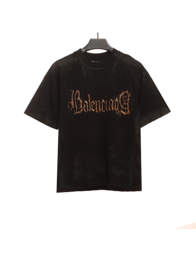Balenciaga Distressed Mud-dyed Sanskrit Printed T-Shirts Black 01