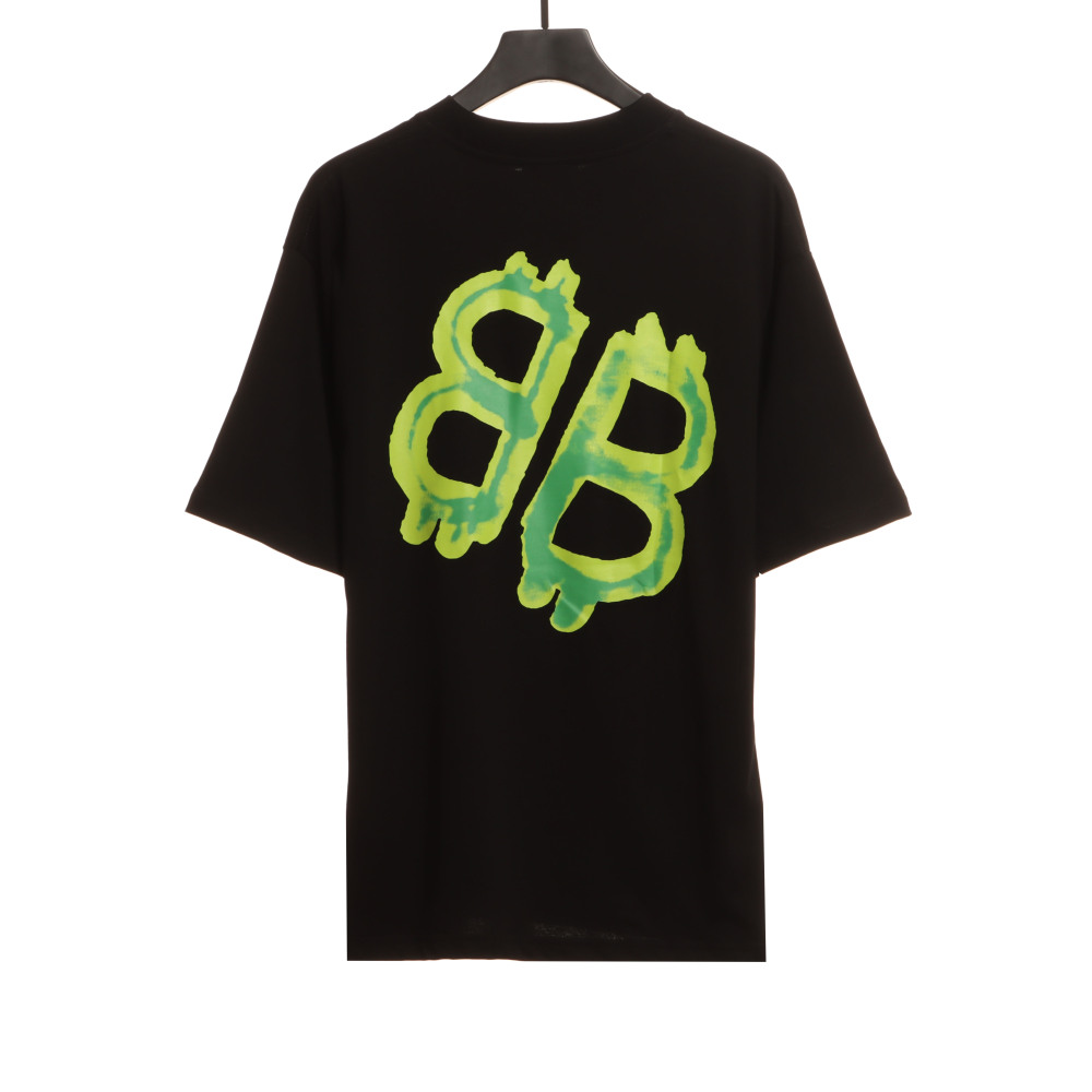  Balenciage Green Painted Double B T-Shirts Black