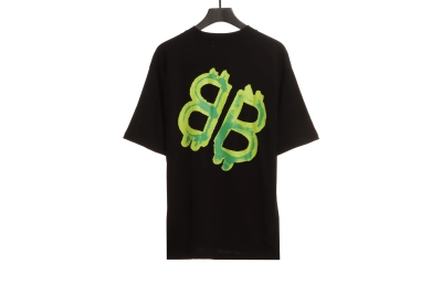 Balenciaga Green Painted Double B T-Shirts Black 02