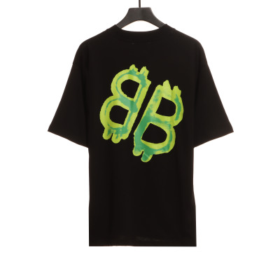  Balenciage Green Painted Double B T-Shirts Black 02