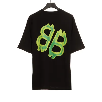  Balenciage Green Painted Double B T-Shirts Black 02