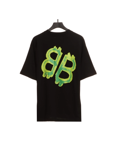 Balenciaga Green Painted Double B T-Shirts Black 02