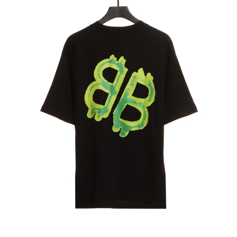  Balenciage Green Painted Double B T-Shirts Black