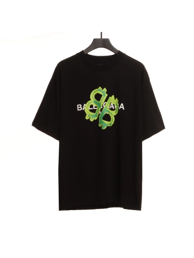 Balenciaga Green Painted Double B T-Shirts Black 01