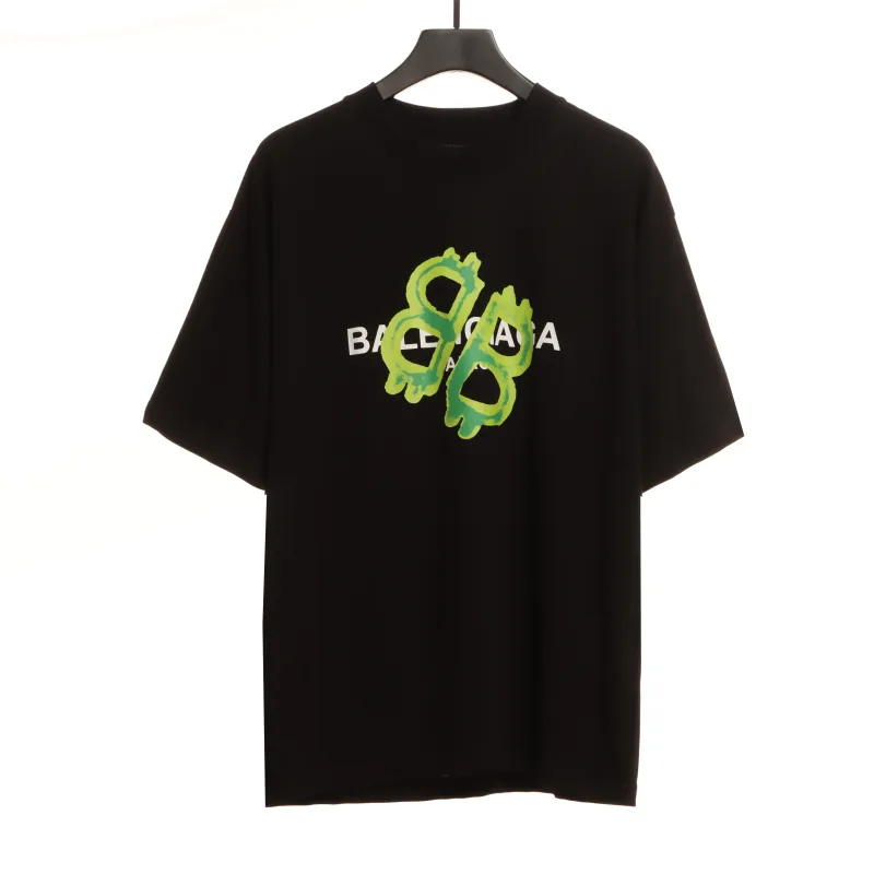  Balenciage Green Painted Double B T-Shirts Black