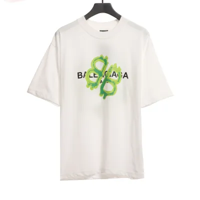  Balenciage Green Painted Double B T-Shirts White 01