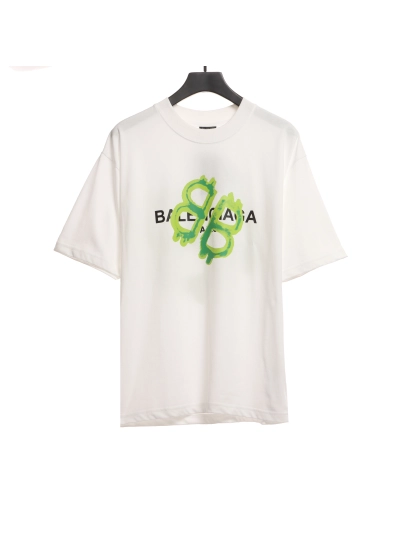 Balenciaga Green Painted Double B T-Shirts White 01