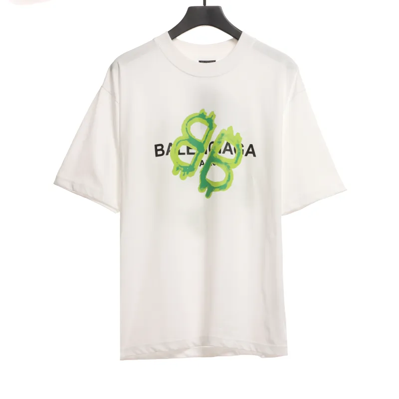  Balenciage Green Painted Double B T-Shirts White