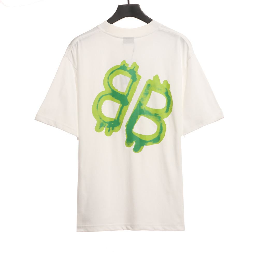  Balenciage Green Painted Double B T-Shirts White
