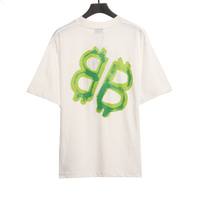  Balenciage Green Painted Double B T-Shirts White 02