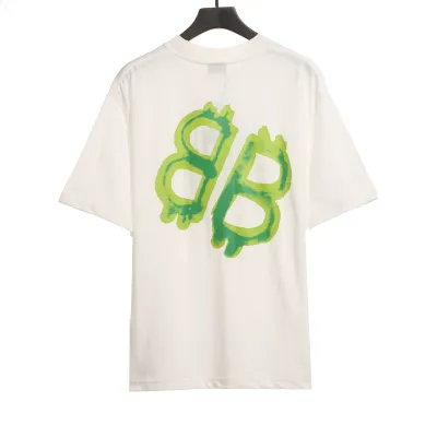  Balenciage Green Painted Double B T-Shirts White 02