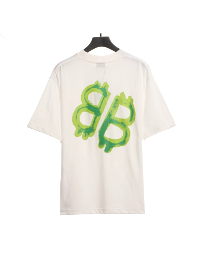 Balenciaga Green Painted Double B T-Shirts White 02