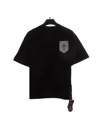 Chrome Hearts Chest Leather Label Cross Silver Decorated T-Shirts Black 01