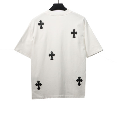 Chrome Hearts Chest Leather Label Cross Silver Decorated T-Shirts White 02