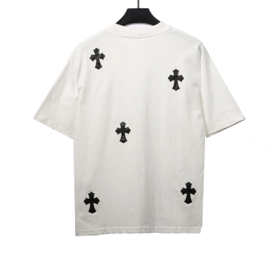 Chrome Hearts Chest Leather Label Cross Silver Decorated T-Shirts White 02