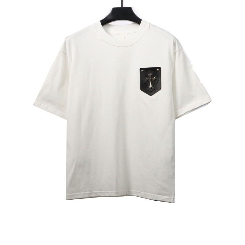  Chrome Hearts Chest Leather Label Cross Silver Decorated T-Shirts White
