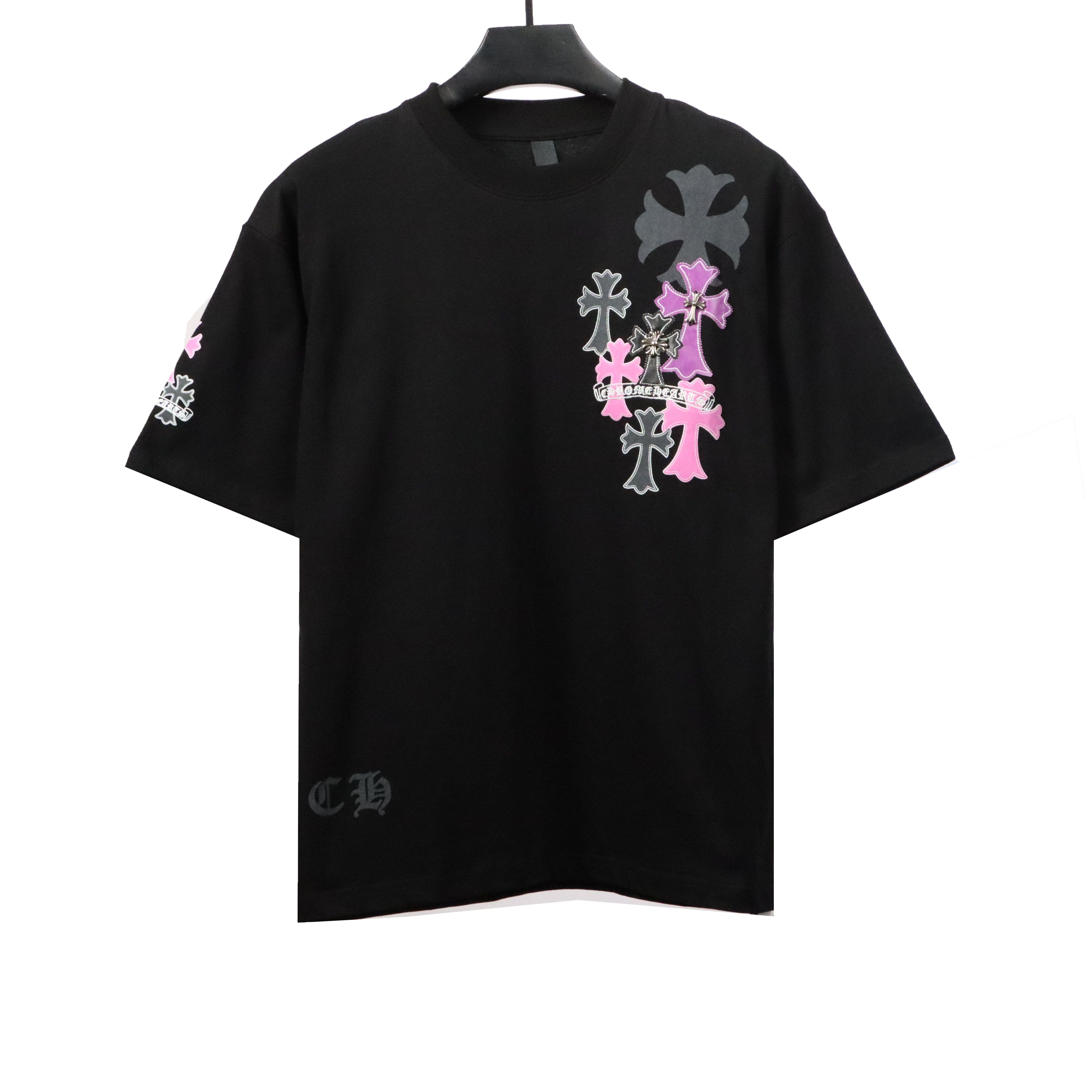  Chrome Hearts Colored Metal Cross Leather Sticker T-Shirts Black