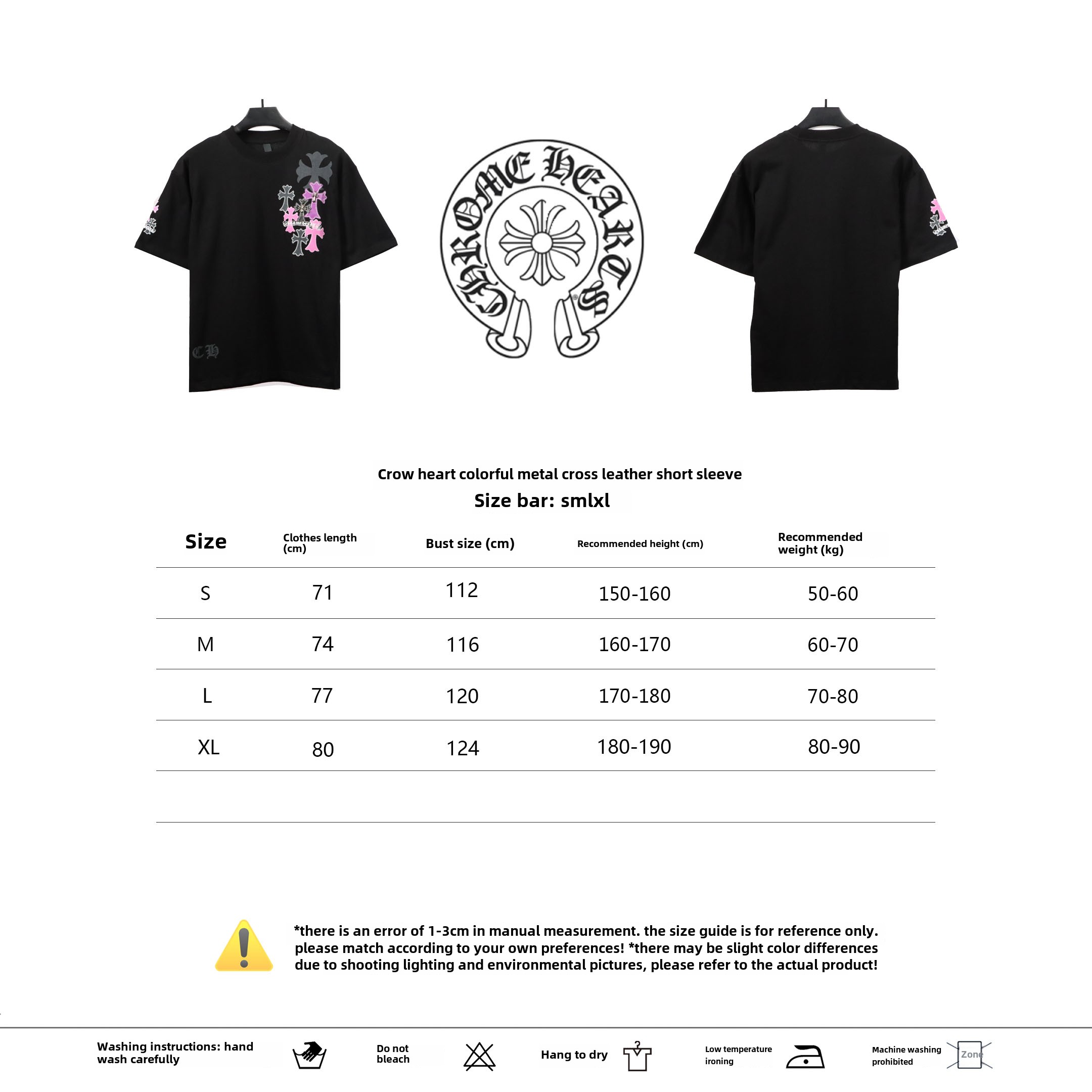  Chrome Hearts Colored Metal Cross Leather Sticker T-Shirts Black