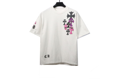 Chrome Hearts Colored Metal Cross Leather Sticker T-Shirts White 01