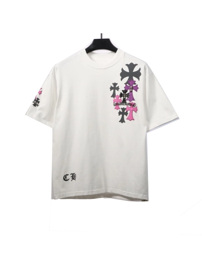 Chrome Hearts Colored Metal Cross Leather Sticker T-Shirts White 01