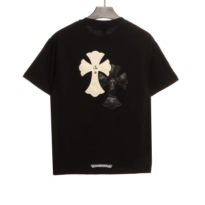 Chrome Hearts White and Black Leather Small Iron Logo T-Shirts Black 02
