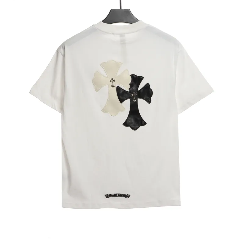  Chrome Hearts White and Black Leather Small Iron Logo T-Shirts White