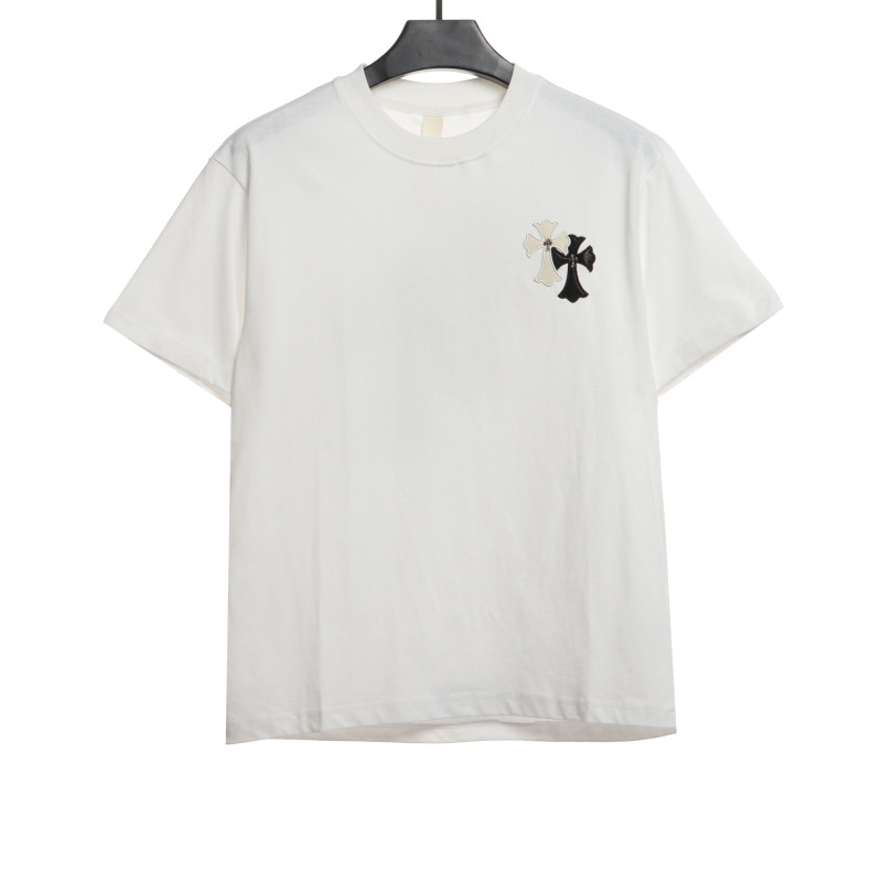  Chrome Hearts White and Black Leather Small Iron Logo T-Shirts White