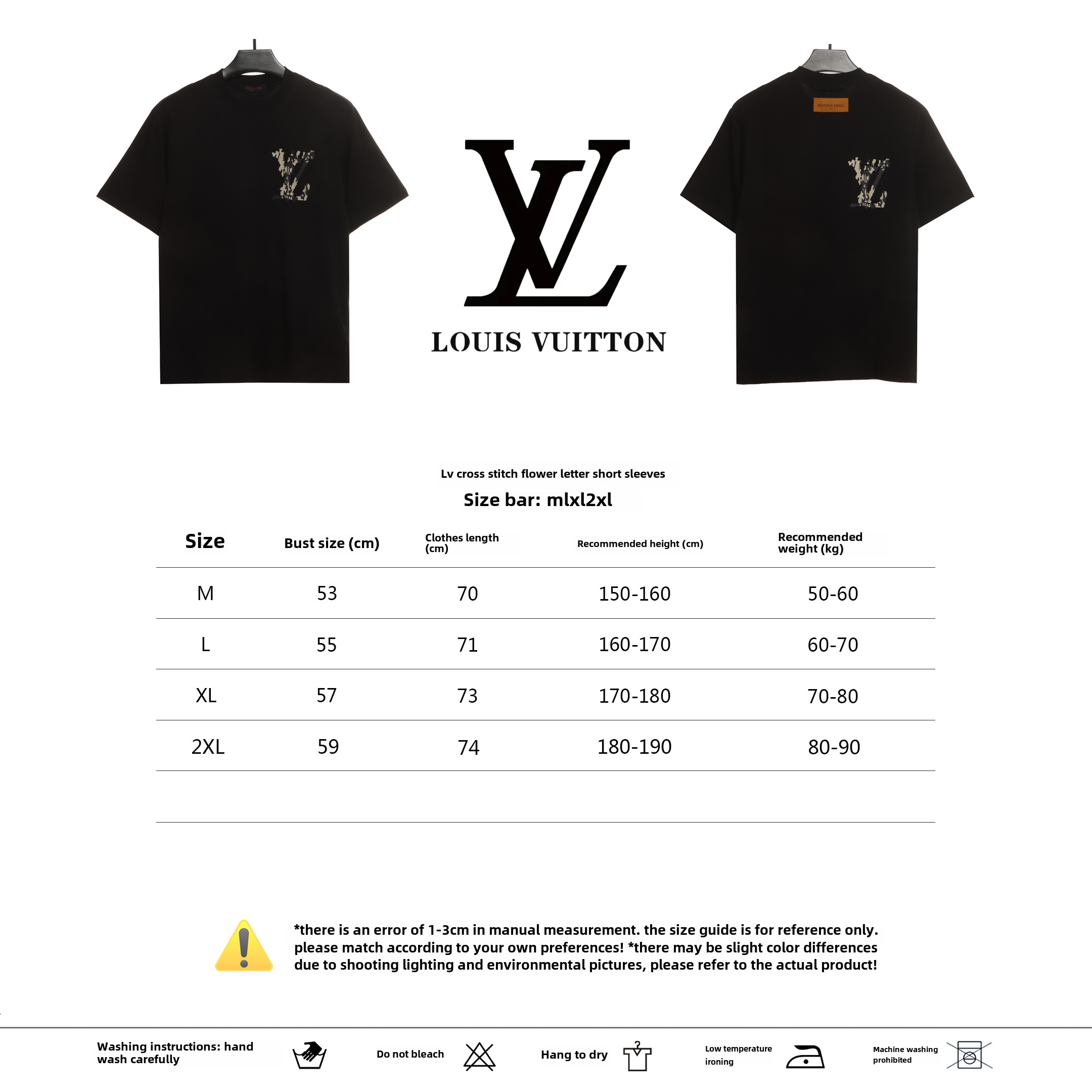 Louis Vuitton cross stitch flower letter T-Shirts black