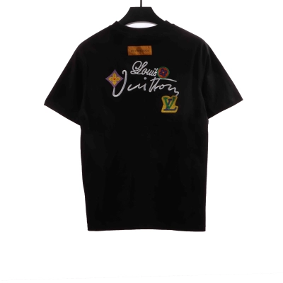 Louis Vuitton floral letter embroidered T-Shirts black 02