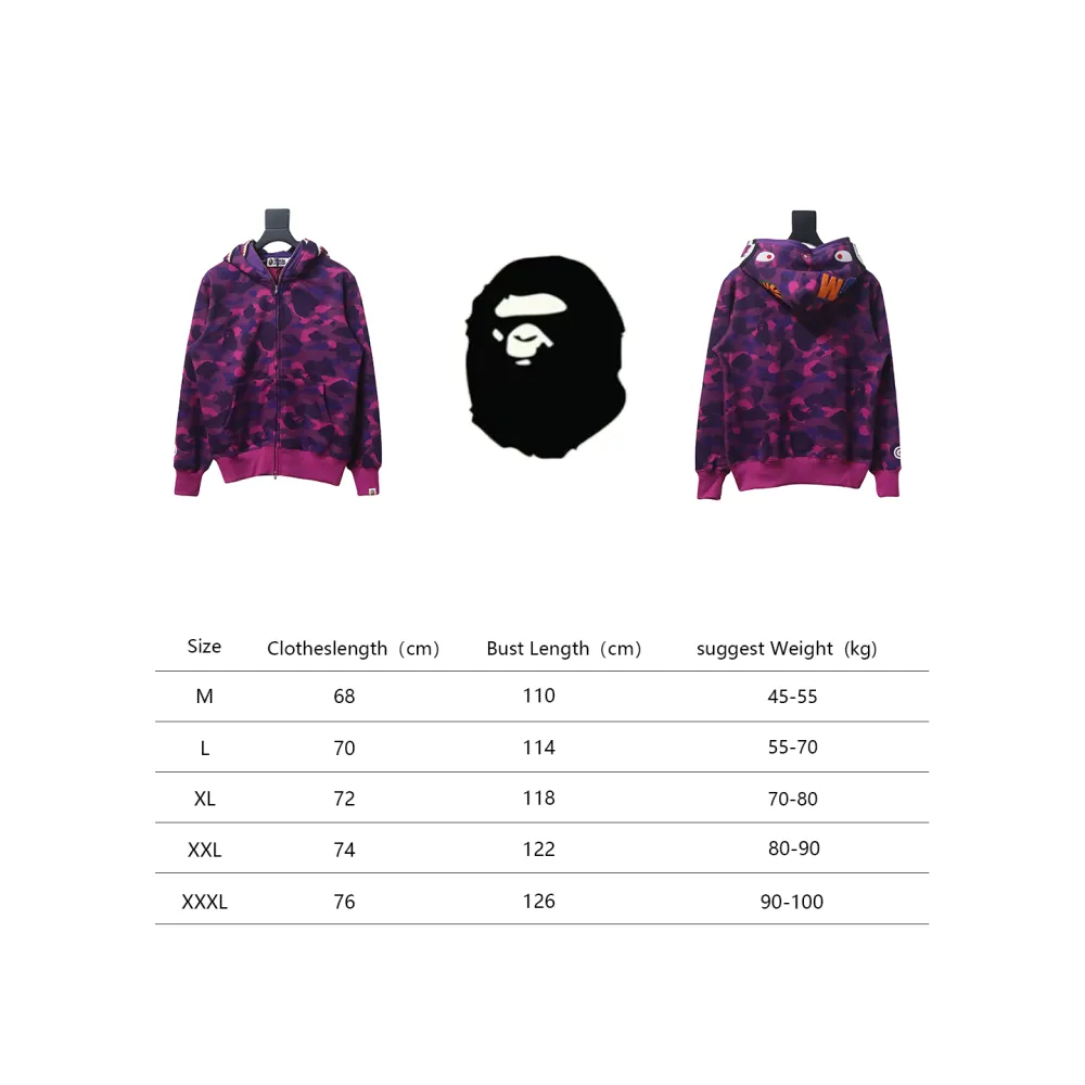 BAPE shark head tiger head zipper camouflage double hooded hoodie