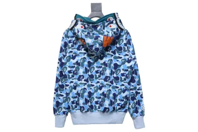 BAPE shark head tiger head zipper camouflage double hooded hoodie blue 02