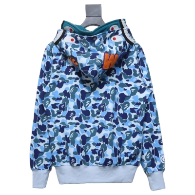 BAPE shark head tiger head zipper camouflage double hooded hoodie blue 02