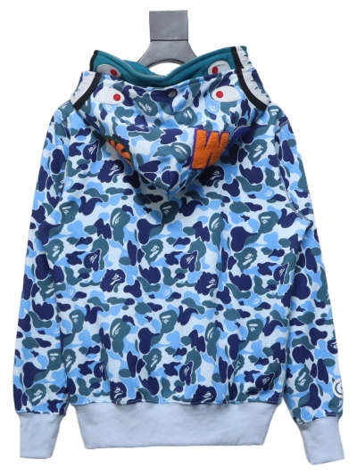 BAPE shark head tiger head zipper camouflage double hooded hoodie blue 02