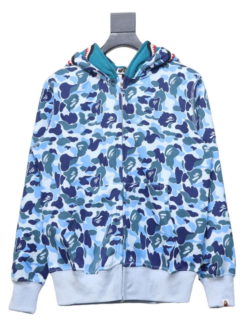 BAPE shark head tiger head zipper camouflage double hooded hoodie blue
