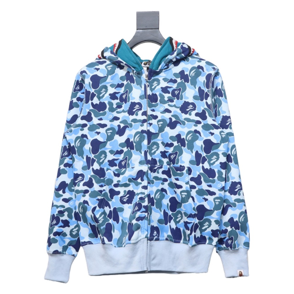 BAPE shark head tiger head zipper camouflage double hooded hoodie blue