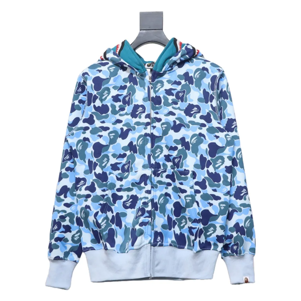 BAPE shark head tiger head zipper camouflage double hooded hoodie blue
