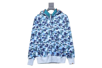 BAPE shark head tiger head zipper camouflage double hooded hoodie blue 01