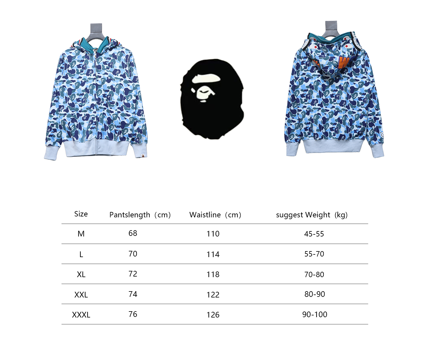 BAPE shark head tiger head zipper camouflage double hooded hoodie blue