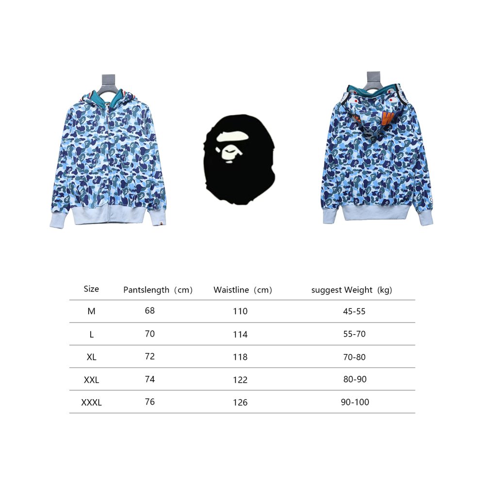 BAPE shark head tiger head zipper camouflage double hooded hoodie blue