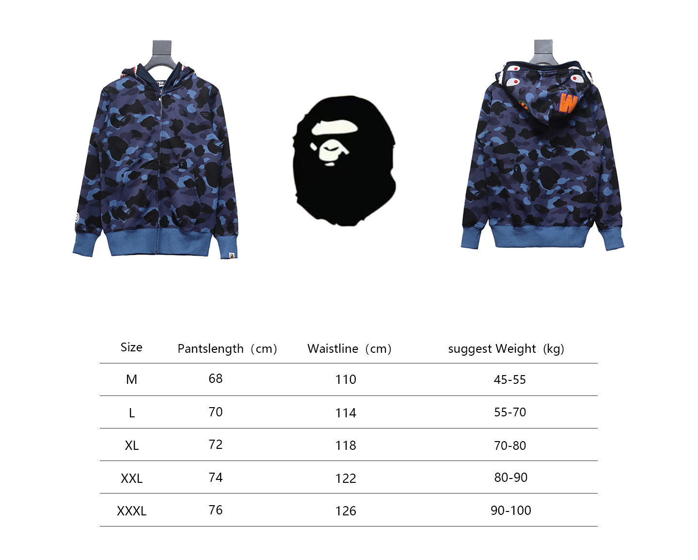 BAPE shark head tiger head zipper camouflage double hooded hoodie Dark blue
