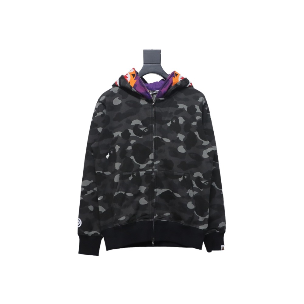 BAPE shark head tiger head zipper camouflage double hooded hoodie dark gray