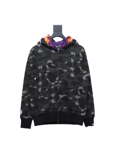 BAPE shark head tiger head zipper camouflage double hooded hoodie dark gray 02
