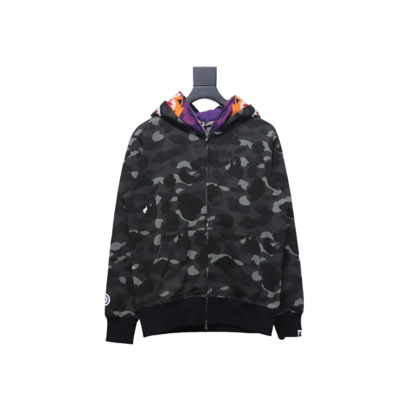 BAPE shark head tiger head zipper camouflage double hooded hoodie dark gray