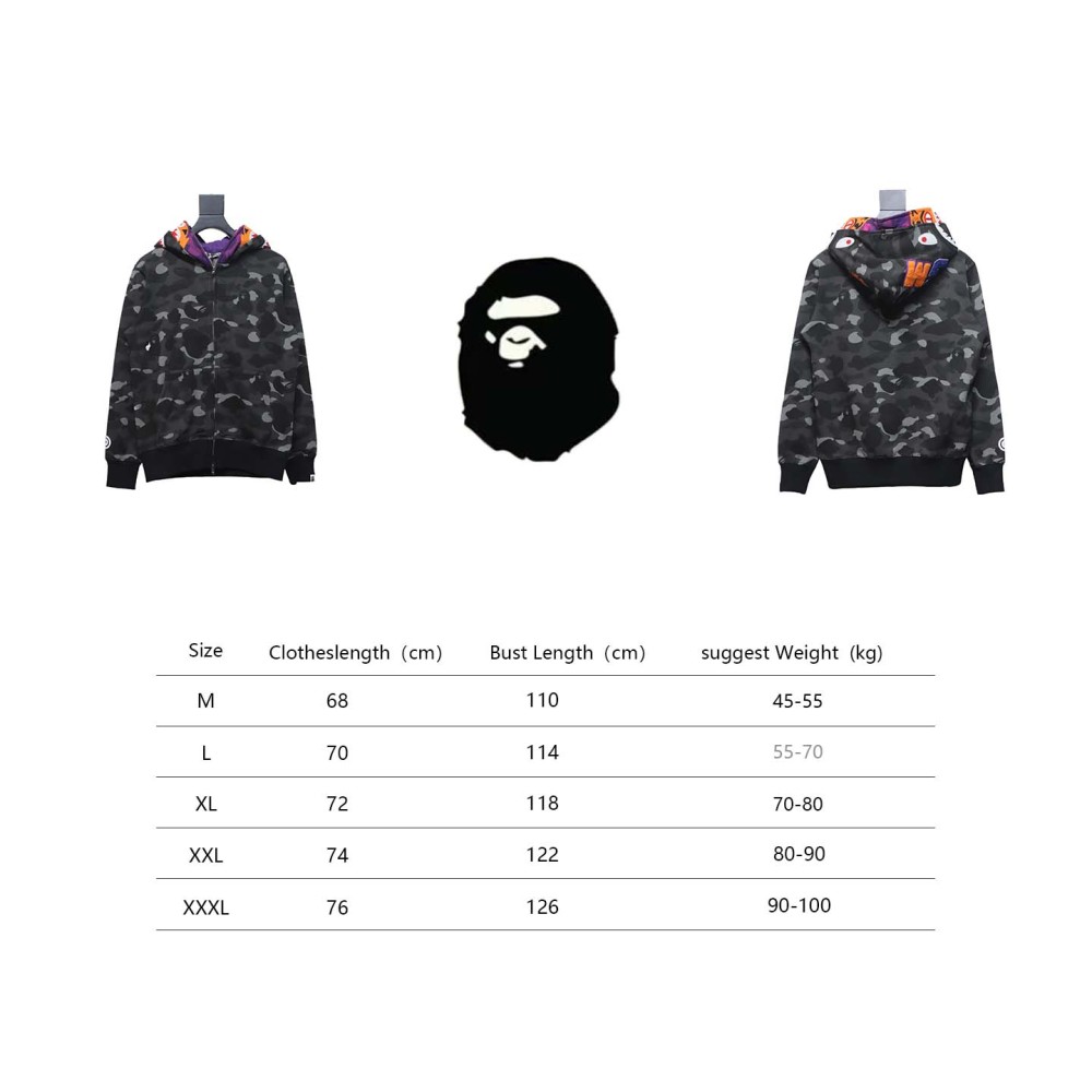 BAPE shark head tiger head zipper camouflage double hooded hoodie dark gray