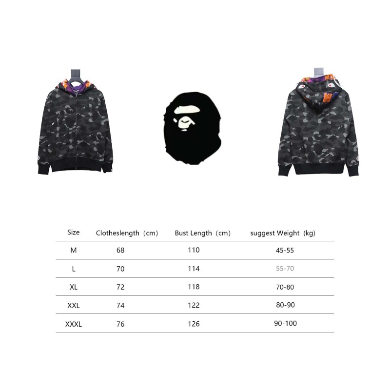 BAPE shark head tiger head zipper camouflage double hooded hoodie dark gray