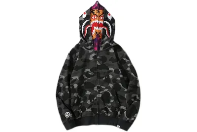 BAPE shark head tiger head zipper camouflage double hooded hoodie dark gray 01