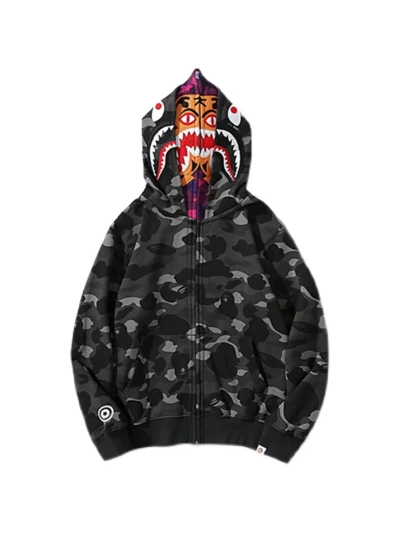 BAPE shark head tiger head zipper camouflage double hooded hoodie dark gray 01