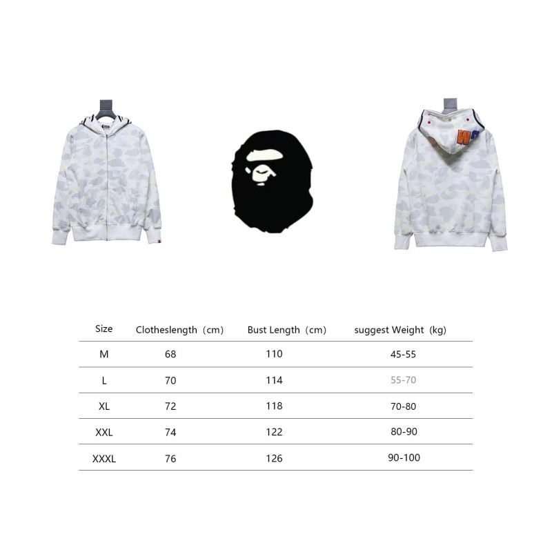 BAPE shark head tiger head zipper luminous camouflage double hooded hoodie 1901