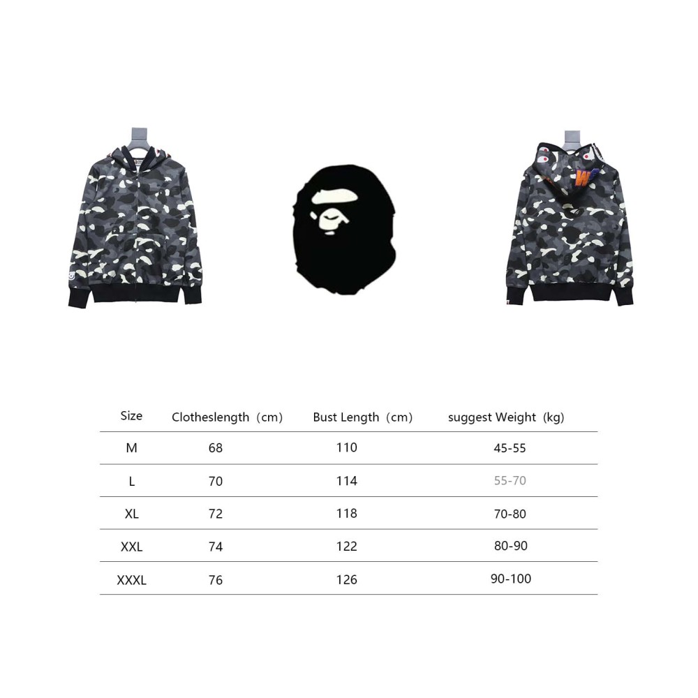 BAPE shark head tiger head zipper luminous camouflage double hooded hoodie 1902